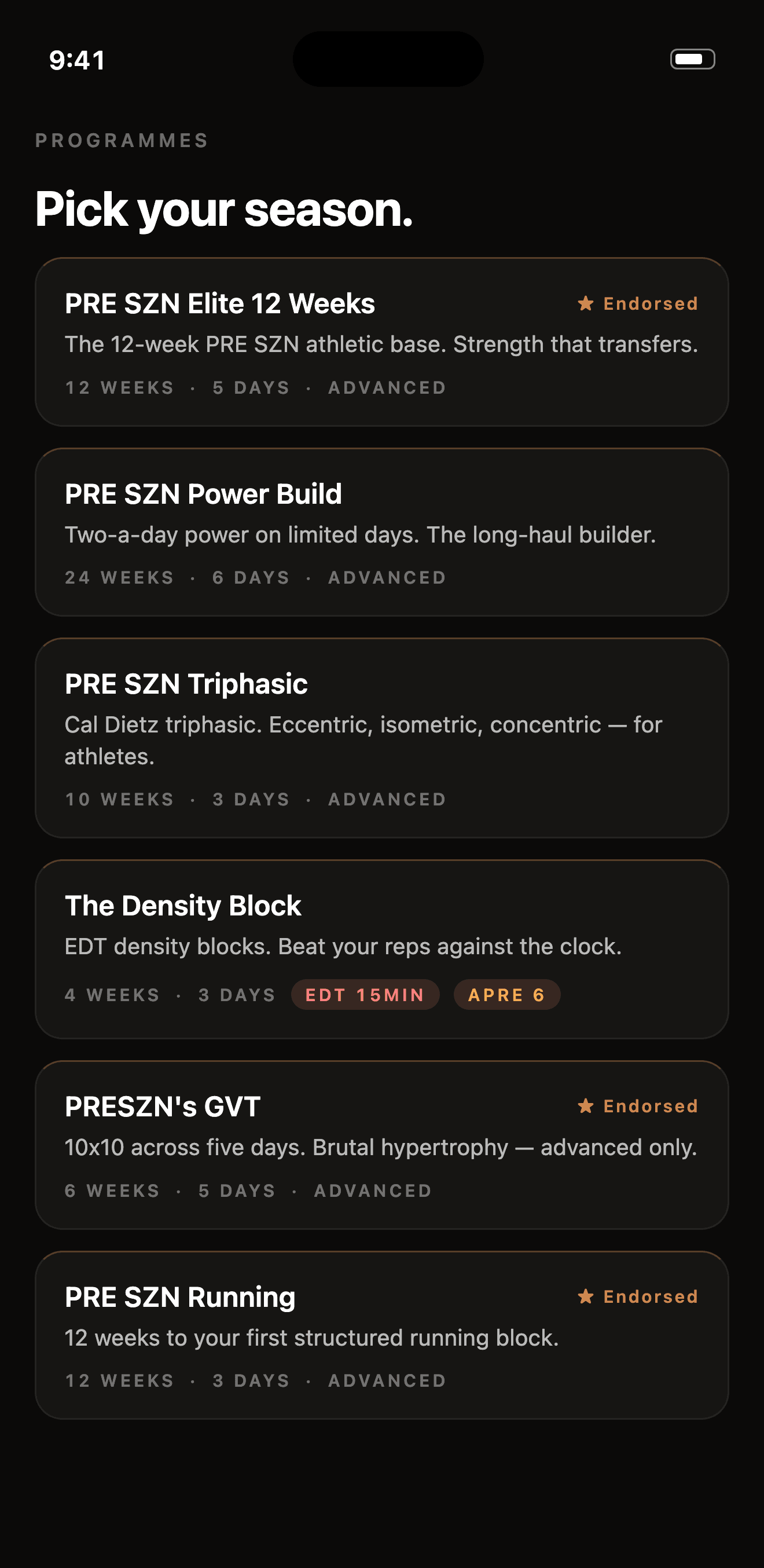 The PRE SZN program catalogue in the PRESZN app